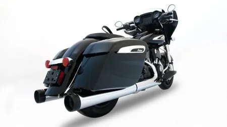 Rinehart 4.5 Inch DBX45 Slip On Muffler In Chrome With Black Slash End Cap For Indian 2014-2026 Challenger, Chieftain, Pursuit & Roadmaster Models (500-0565-SLASH)